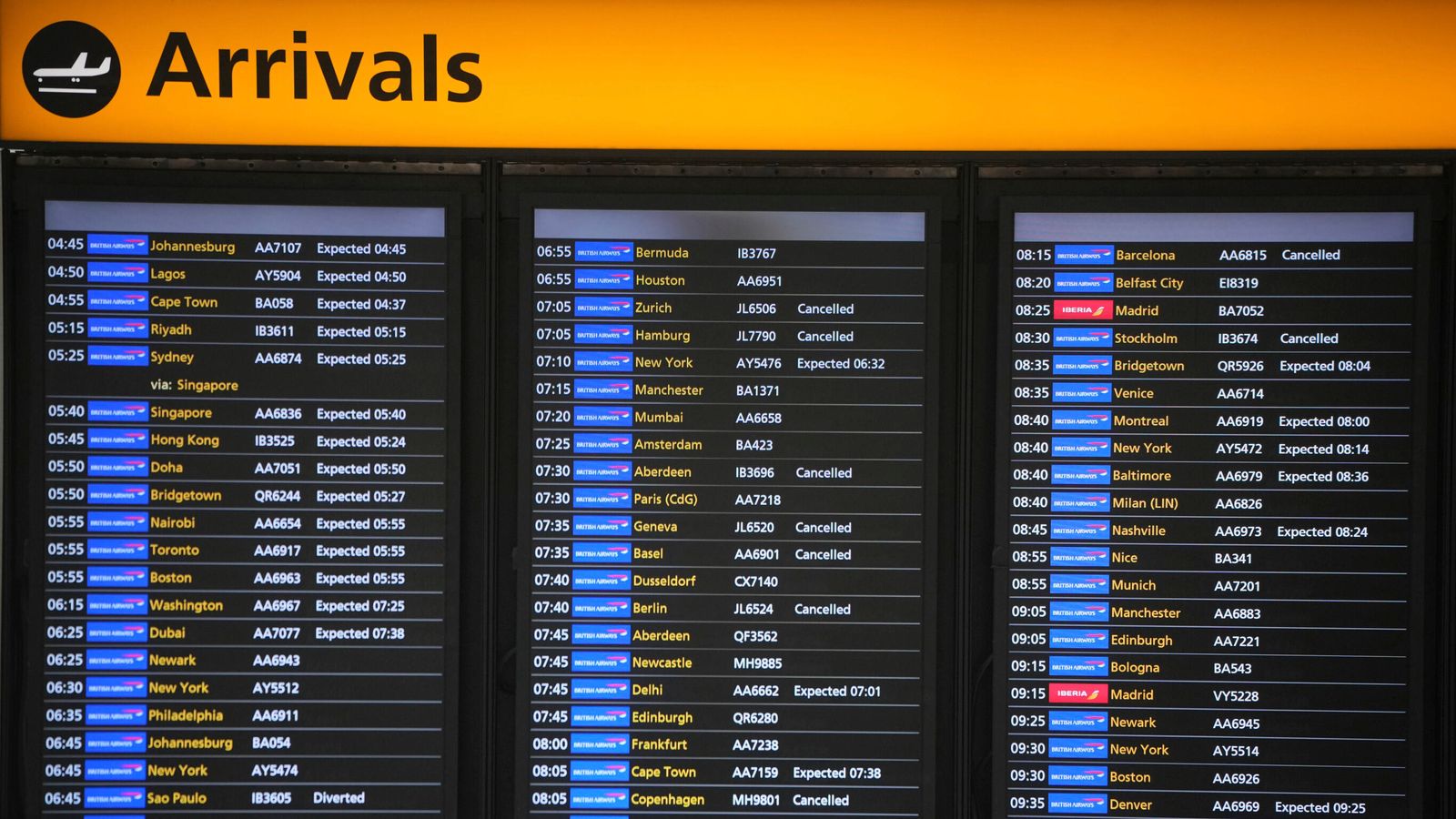 The airport arrivals board at Terminal 5 as Britain's Heathrow Airport has closed for the full day Friday after an electrical substation fire knocked out its power, disrupting flights for hundreds of thousands of passengers at one of Europe's biggest travel hubs in London, Friday, March 21, 2025. Pic: AP