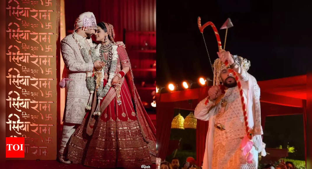 Beautiful bride picks Sabyasachi lehenga for Siya-Ram themed wedding; groom shoots an arrow to win her - The Times of India