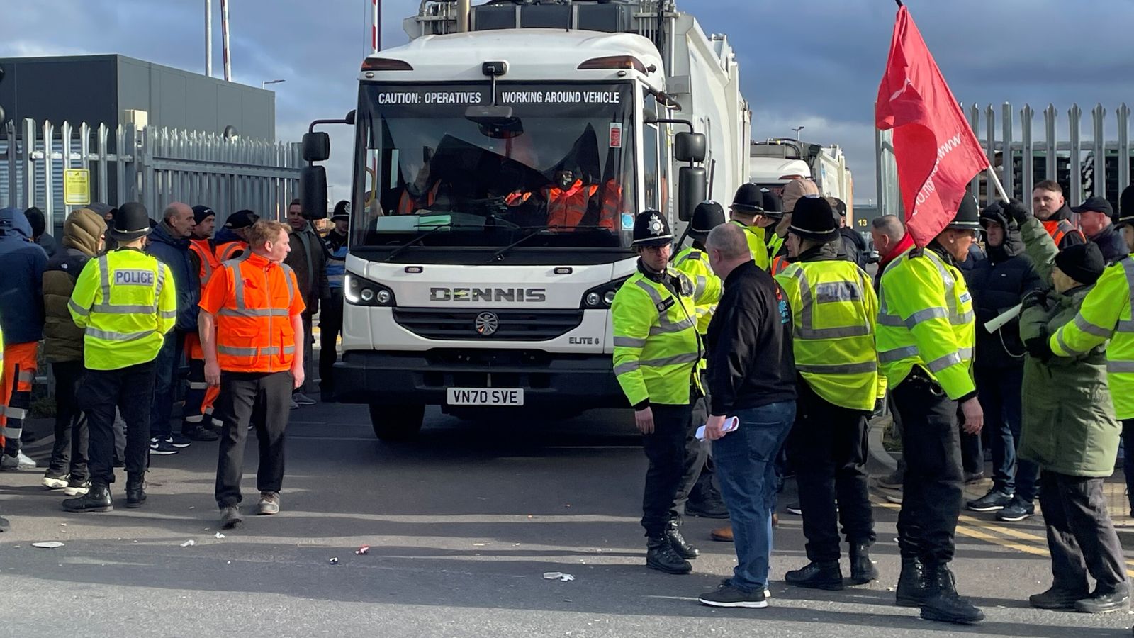 Police officers on hand as members of Unite go on the picket line at Birmingham City Council's Atlas Depot in Tyseley, Birmingham. Nearly 400 council bin workers in Birmingham have walked out indefinitely as part of an escalating dispute over jobs and pay. The Unite union has warned bin disruption in the city could stretch into the summer after refuse workers voted in favour of extending their strike mandate over the council's use of temporary labour to "undermine" their industrial action. Pictu