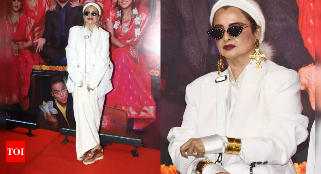 Rekha redefines power dressing in a stunning white pantsuit at trailer launch - The Times of India