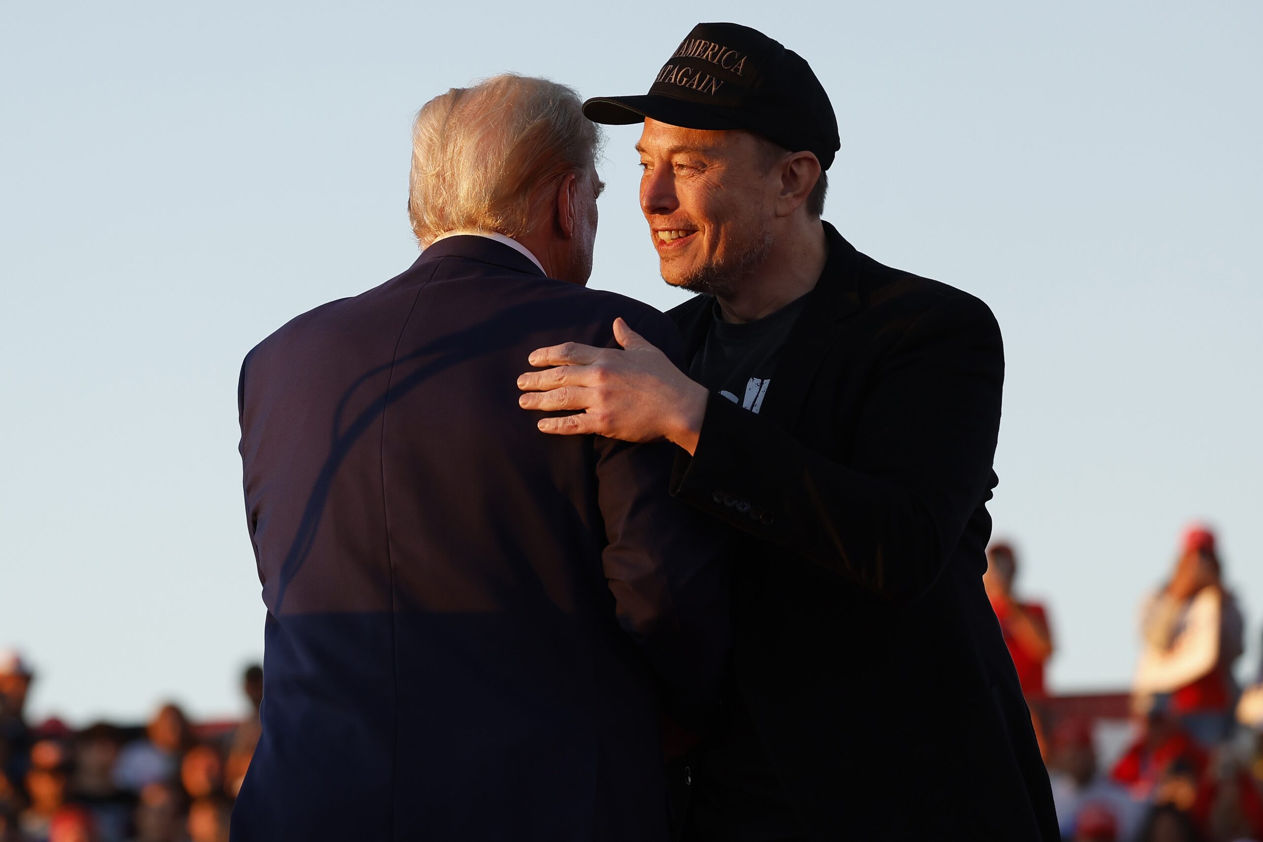 Elon Musk embraces then candidate Donald Trump during a campaign rally in Butler, Pennsylvania in 2024.