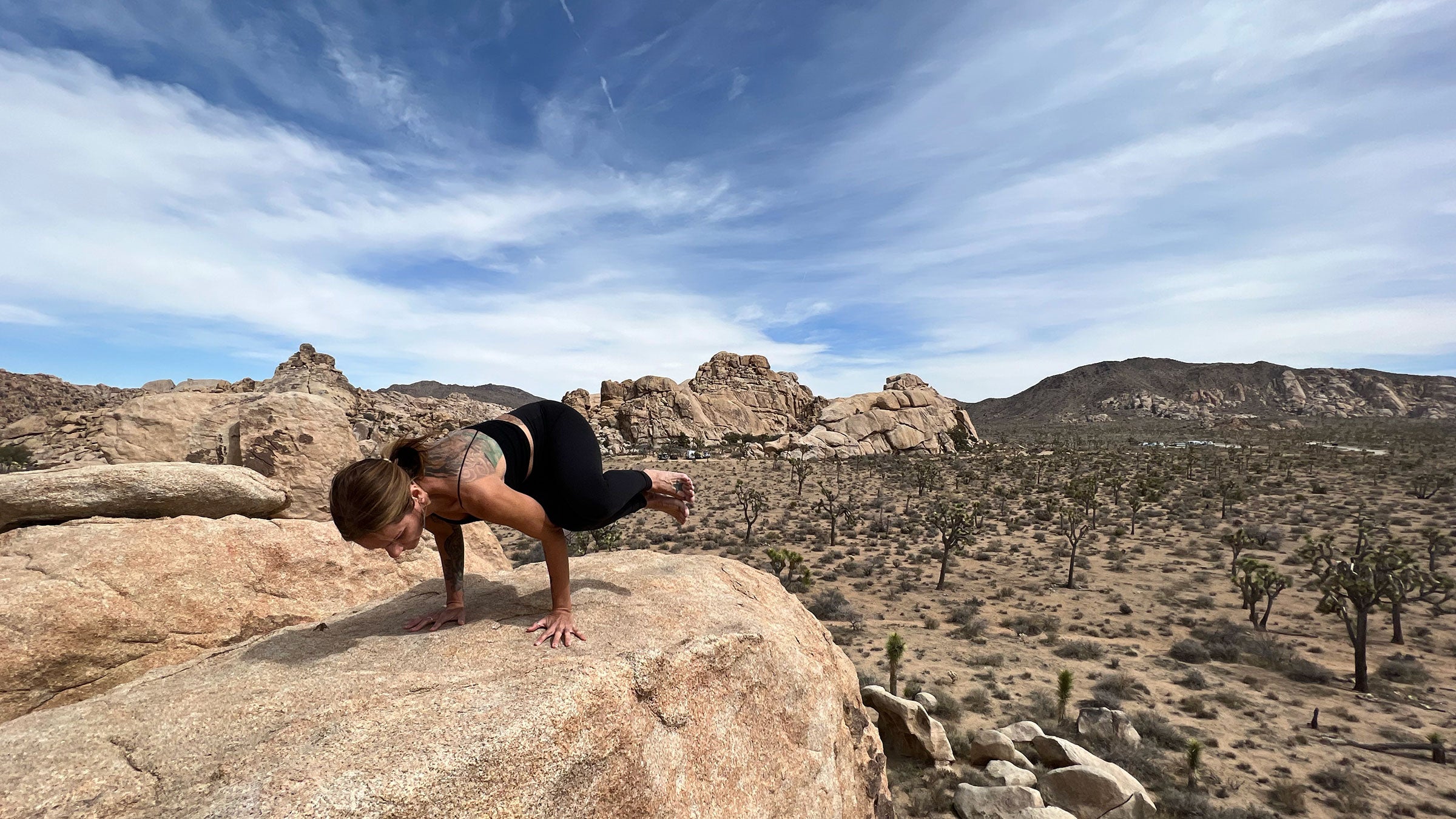 A person demonstrates Side Crow Pose in yoga